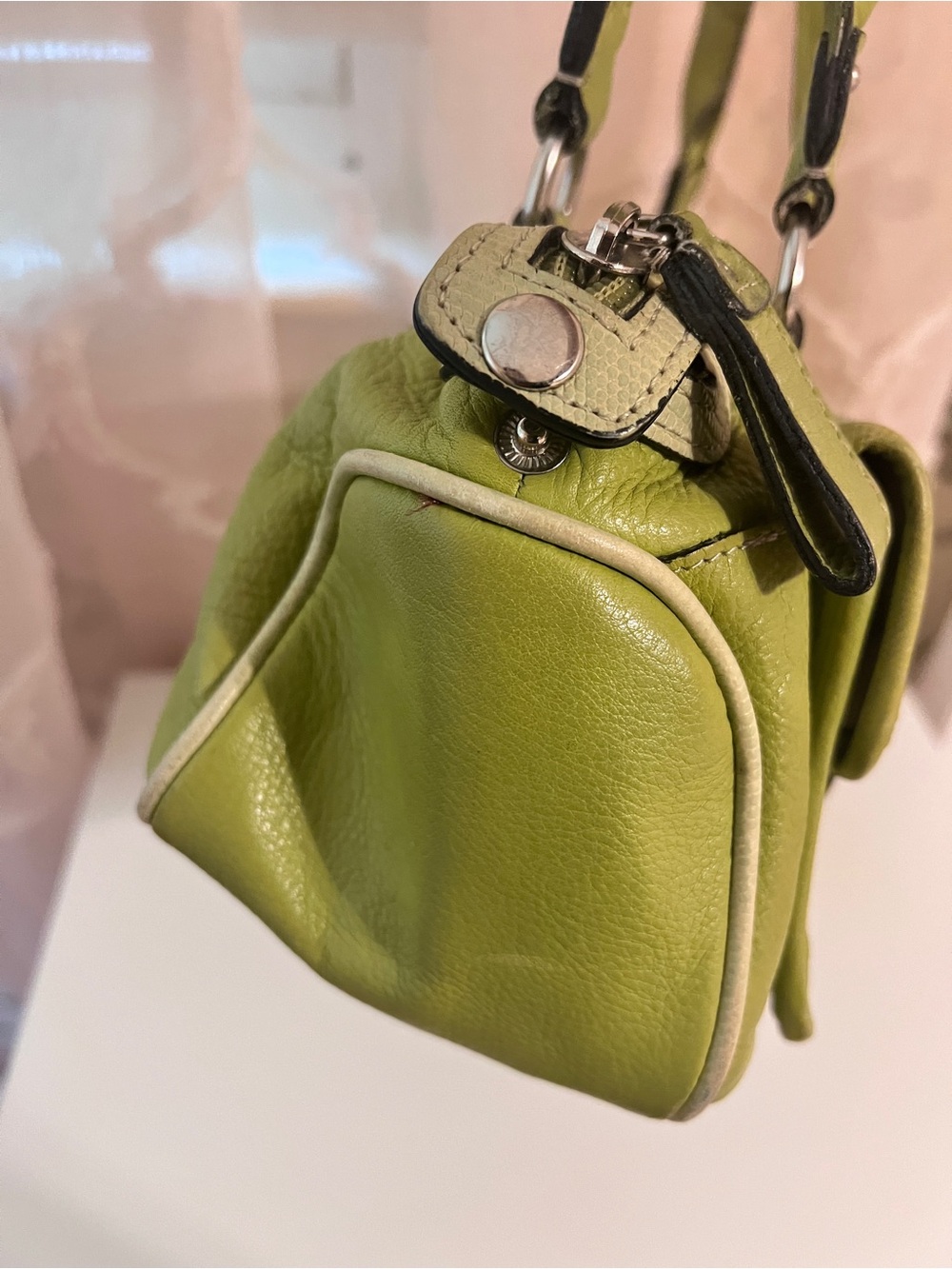 Fossil Genuine Leather Lime Green Shoulder Handbag w/ Matching Card Holder Y2K - Picture 7 of 10